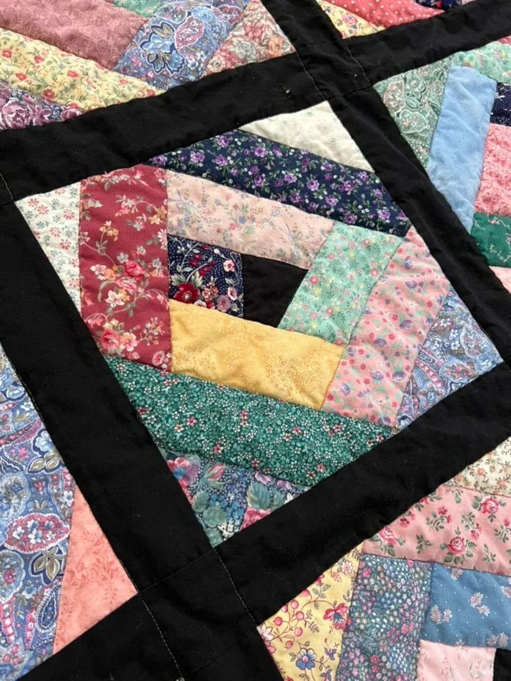 Handmade Log Cabin Quilt Throw Floral Patchwork Cottagecore 57x46